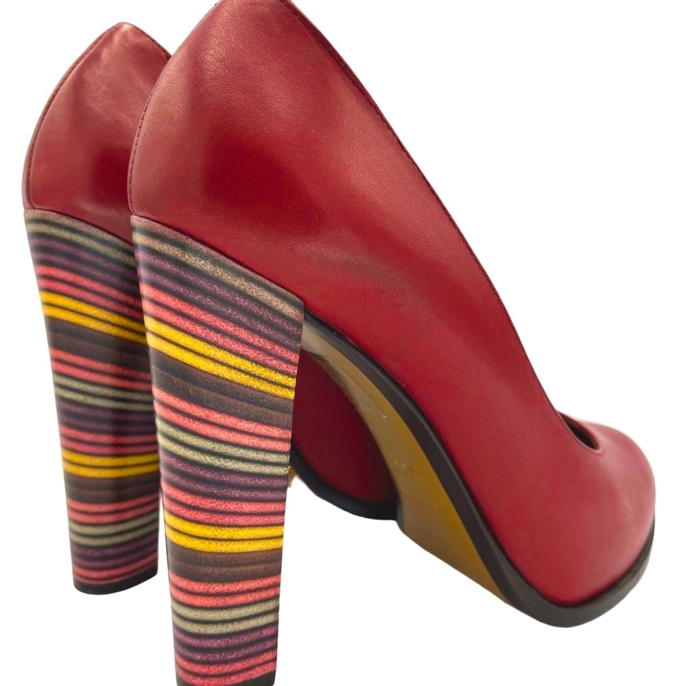 NWOT FENDI Oxblood Leather Pumps w Striped Stack Heel